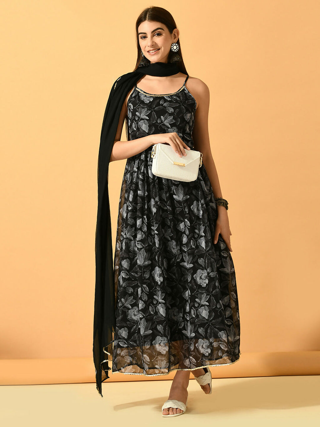 Myshka Women's Black Festive Flared Anarkali Kurta With Dupatta sets | Grocsy