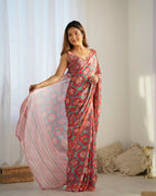Red Chinon Designer Digital Printed & Mirror Cut Work Saree - Kriti | Grocsy