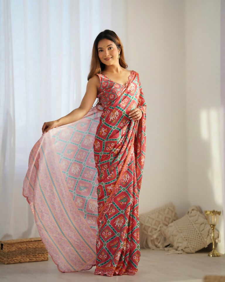 Red Chinon Designer Digital Printed & Mirror Cut Work Saree - Kriti | Grocsy