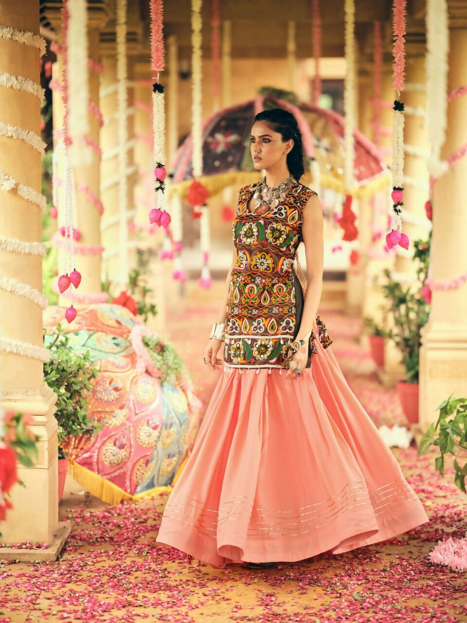 Teeya Creation Peach Colour Rayon Silk Embroidery Work Fully Stitched Navratri Lehenga | Grocsy