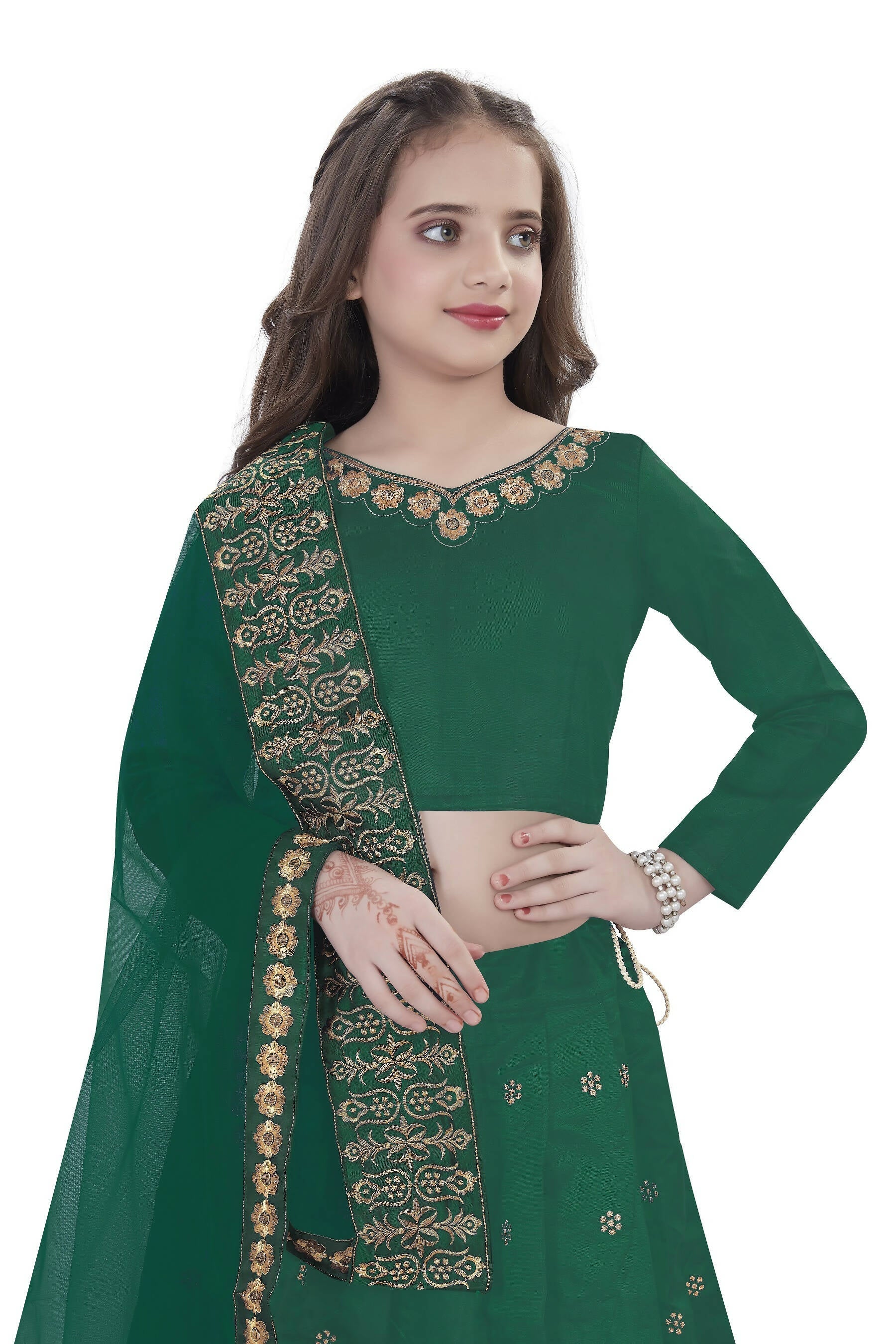 Dwiden Green Queen Tafetta Sattin Semi-Stitched Girl's Lehenga Choli | Grocsy