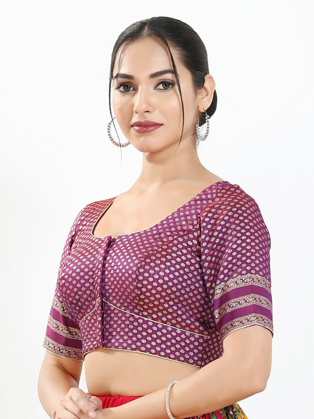 Joban Fashion Purple Brocade Padded Blouse With Round Neck Elbow Sleeves | Grocsy