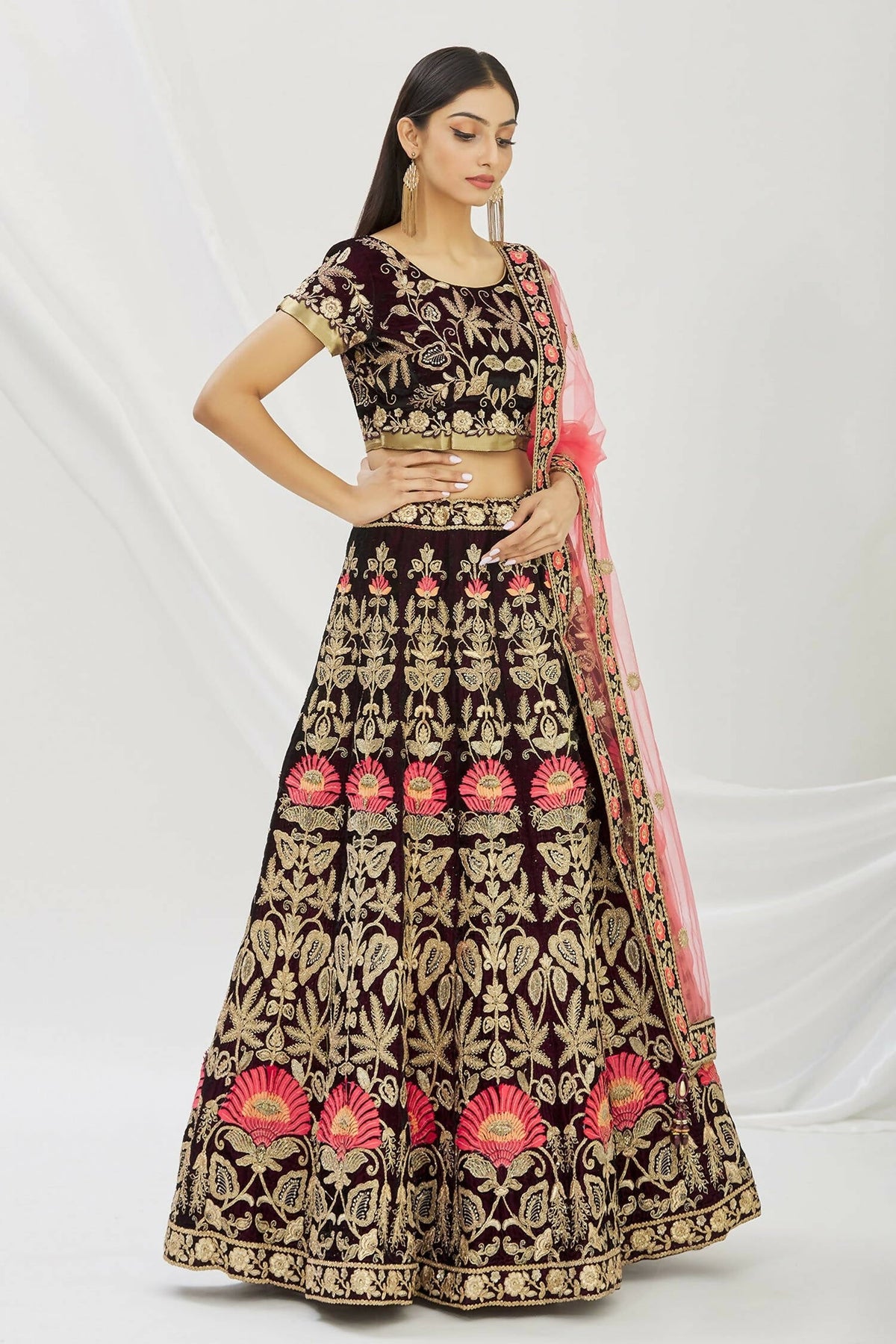 Purple Velvet Semi-Stitched Wedding Bridal Lehenga - Nimaya | Grocsy