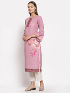 Myshka Women's Pink Cotton Printed Full Sleeve Round Neck Casual Kurta | Grocsy