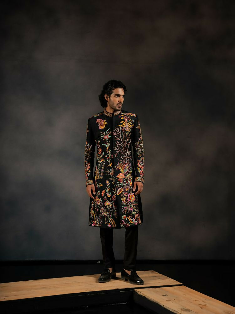 Black Tides Hand Embroidered Indowestern Sherwani by Hilo Design | Grocsy