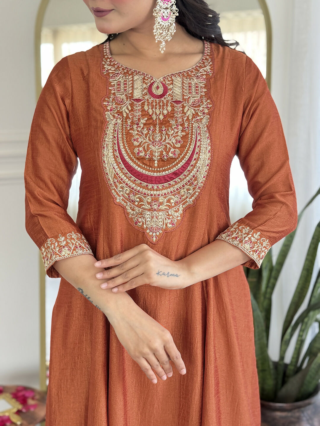 The52 Rust Women's Gorgeous Embroidered Vichitra Silk Fabric Flared Kurta, Pant and Dupatta Set | Grocsy