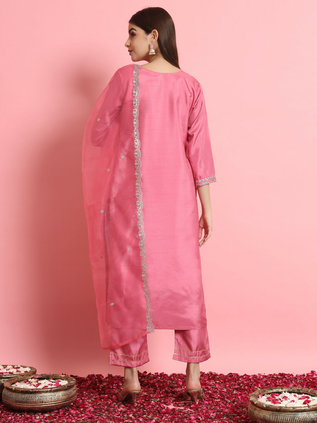 Vellora Blush Pink Silk Blend Readymade Suit with Embroidery Details | Grocsy