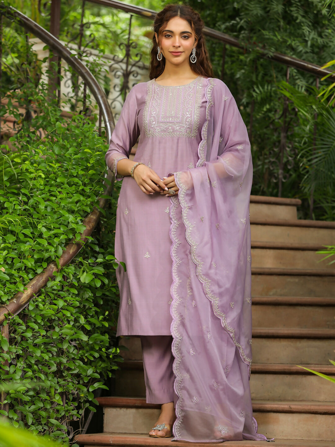 Janasya Lavender Silk Blend Solid Kurta,Bottom & Dupatta | Grocsy