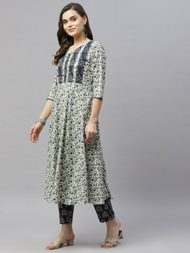 Miravan Women's Floral Printed Anarkali Pure Cotton Kurta With Palazzo Set | Grocsy