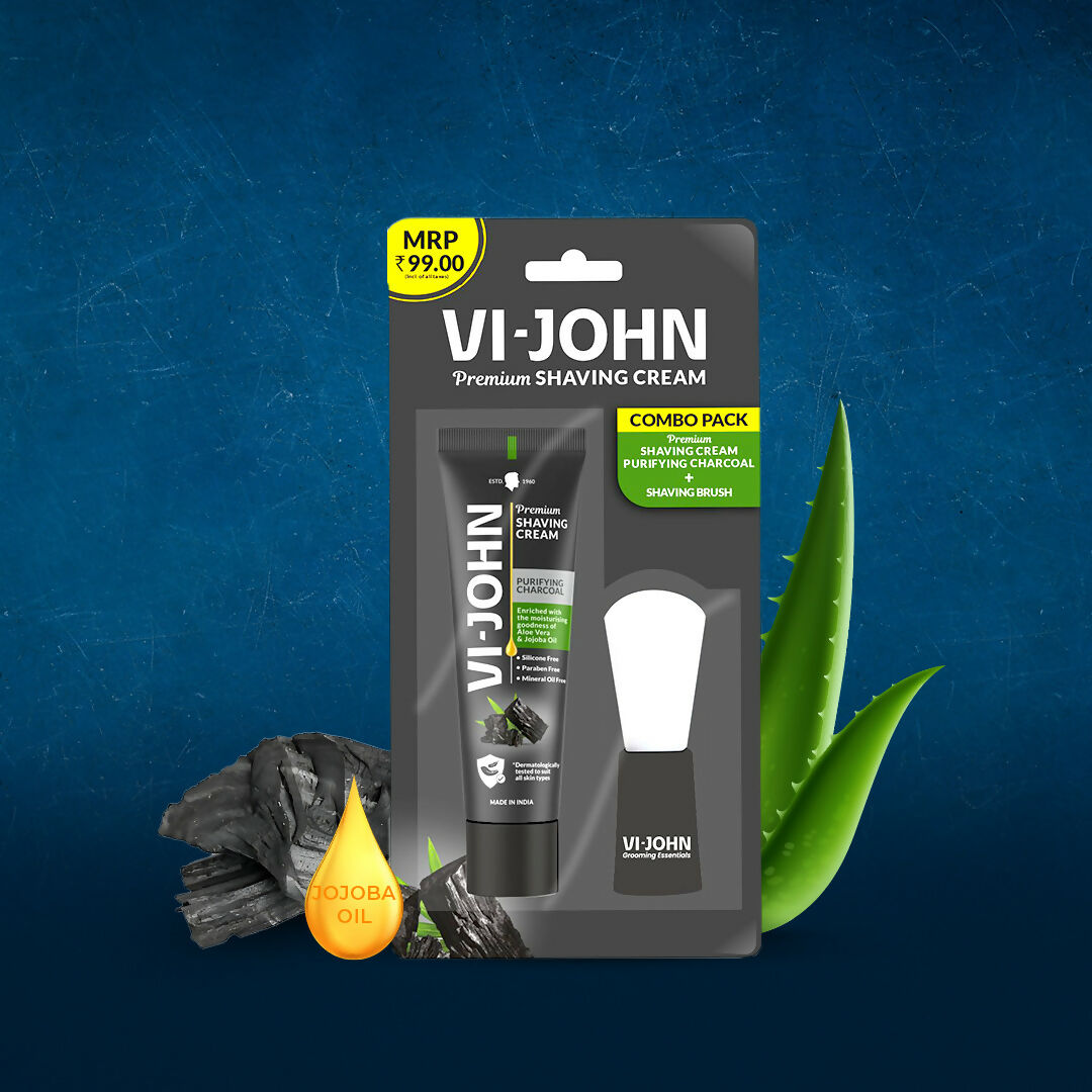 VI-JOHN Dermatologically Tested Premium Claming Aqua Shaving With Shaving Brush Cream Enriched with Aloevera & Almond Oil free From Silicone, Paraben & Mineral Oil | Grocsy