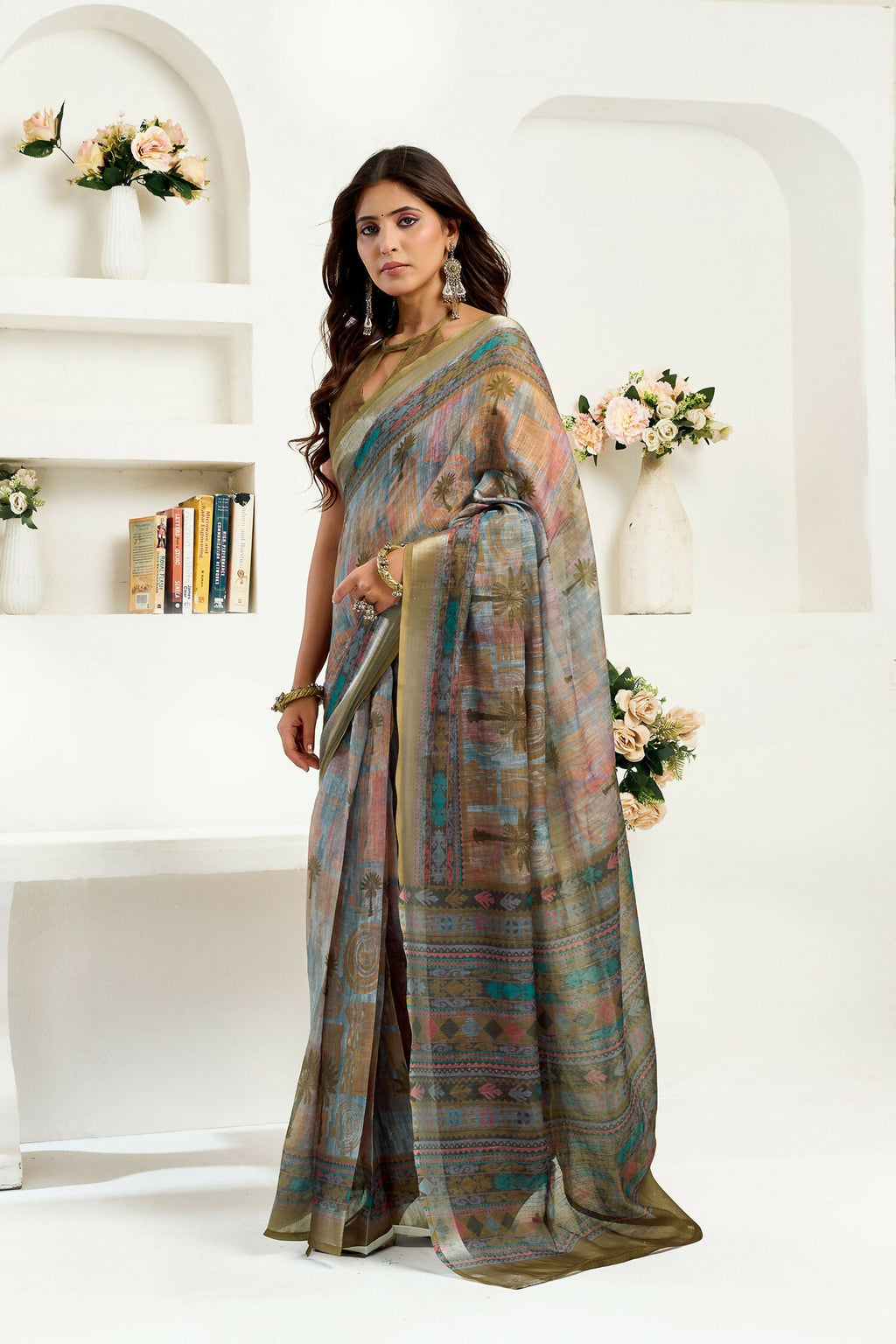Joban Fashion Dusty Green Floral & Ethnic Motifs Linen Ready To Wear Saree With Unstitched Blouse | Grocsy