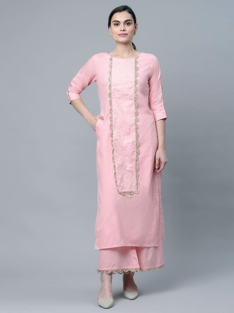 Ahalyaa Women's Baby Pink Pure Cotton Printed Kurta Palazzo Set | Grocsy