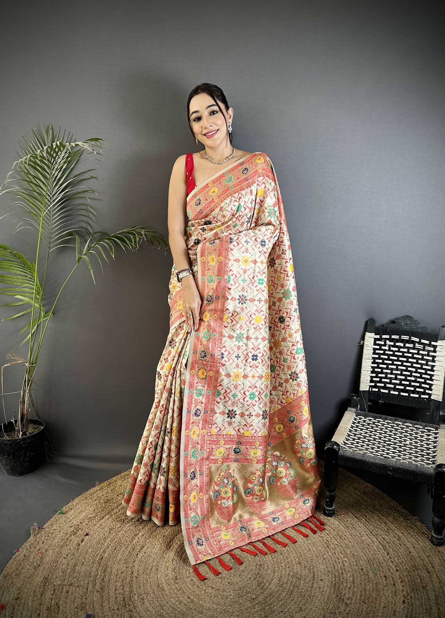 Joban Fashion Cream Banarasi Soft Silk Woven Saree | Grocsy
