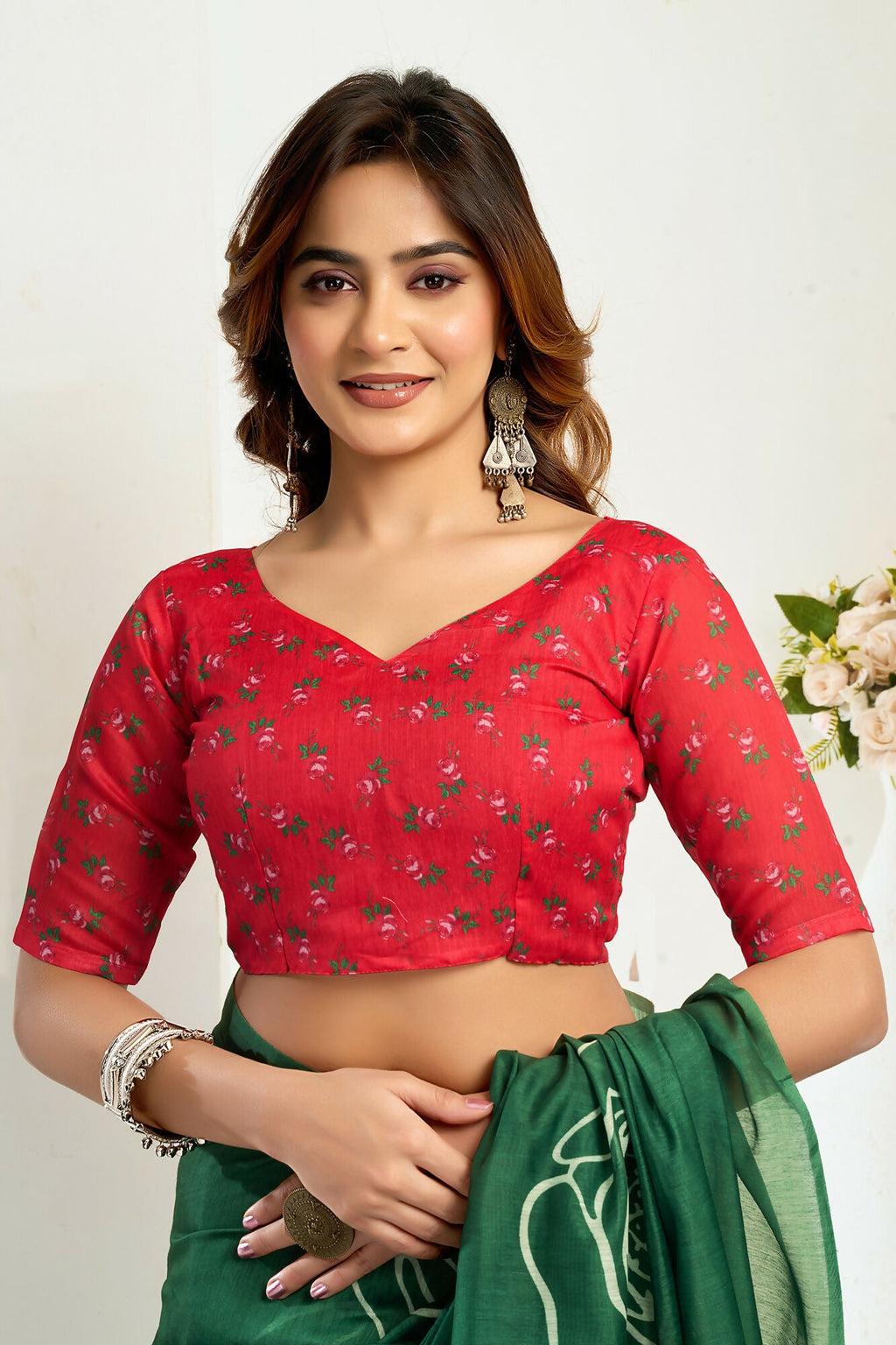 Vastranavya Green Digital Printed Linen Ready To Wear Designer Saree with Unstitched Blouse | Grocsy