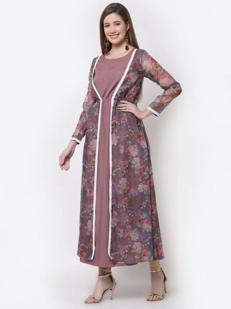 Myshka Mauve Color Organza Printed Dress | Grocsy