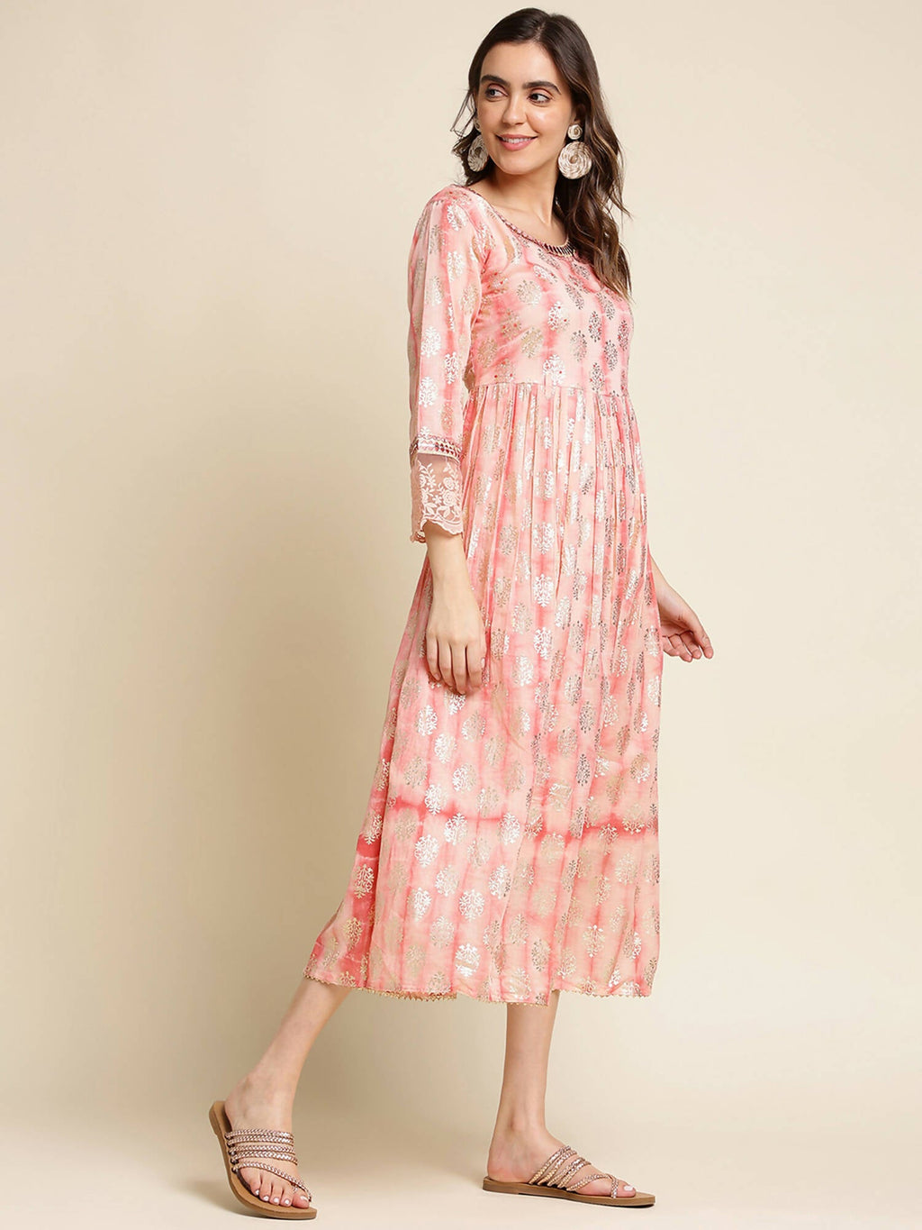 Peach Cotton Paisley Printed Fit & Flare Dress - Yukti | Grocsy