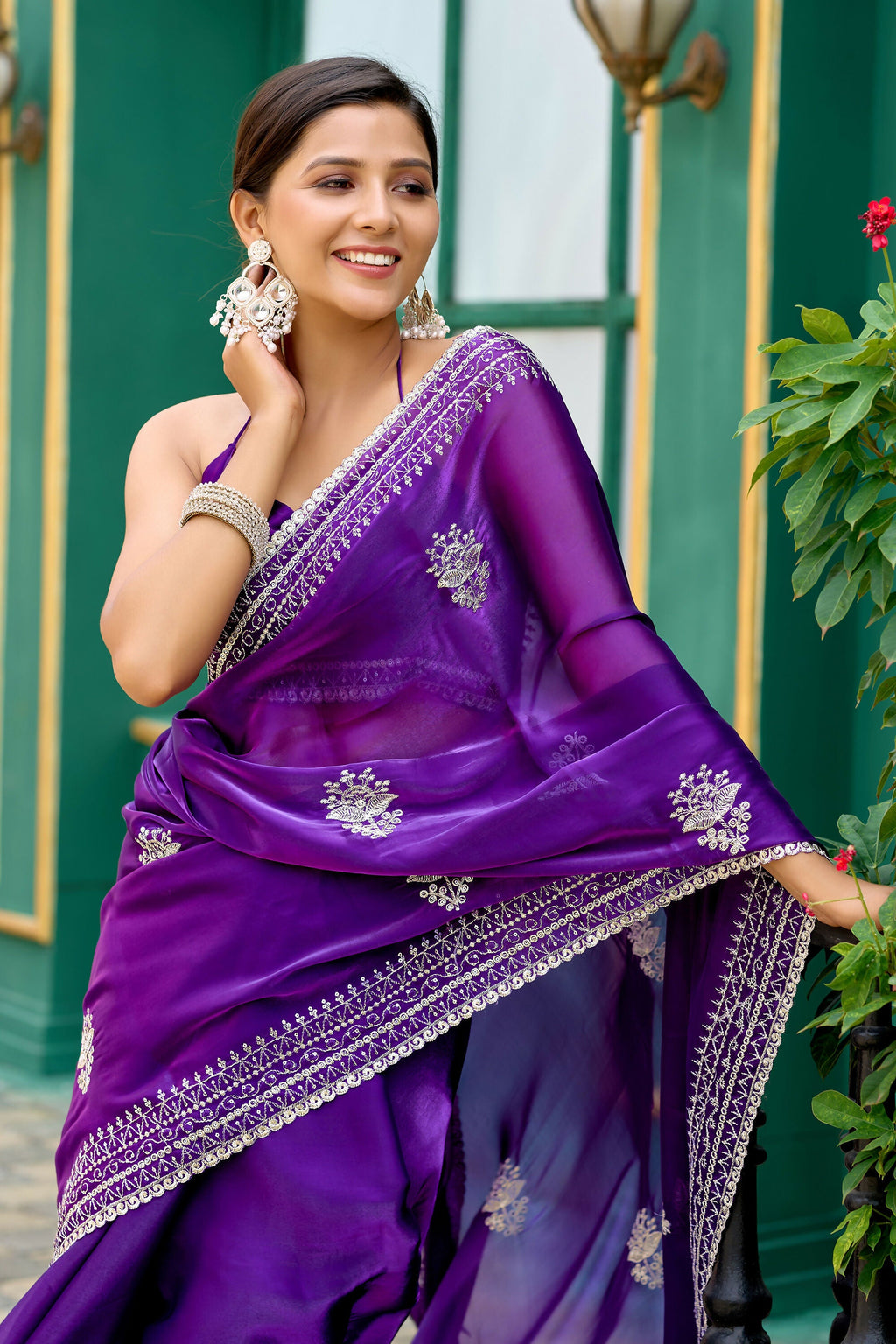Vastranavya Purple-Blue Embroidery Work Shimmer Chiffon Saree with Unstitched Blouse | Grocsy