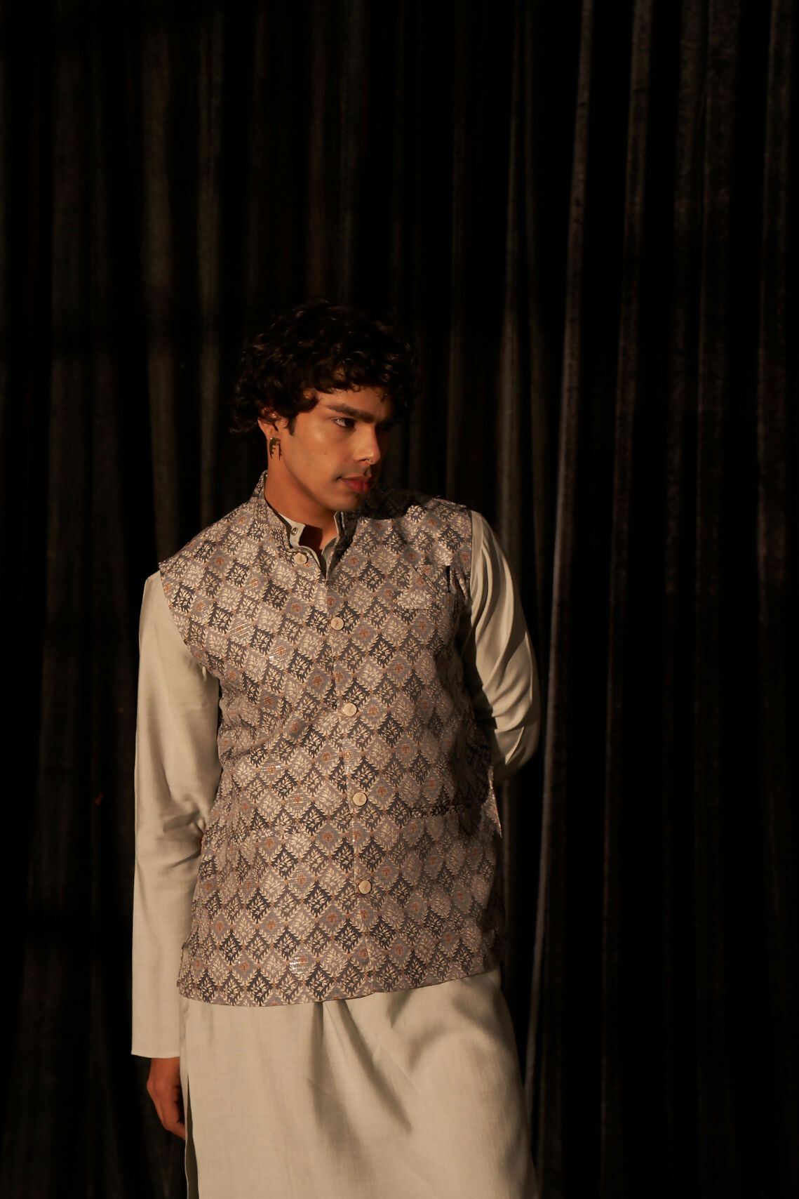 Grey Viscose Designer Printed Men's Kurta Set with Koti - Mahotsav | Grocsy