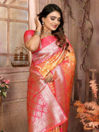 Anaita Orange kochi Silk With Beautiful Checks Weaving Saree With Blouse | Grocsy