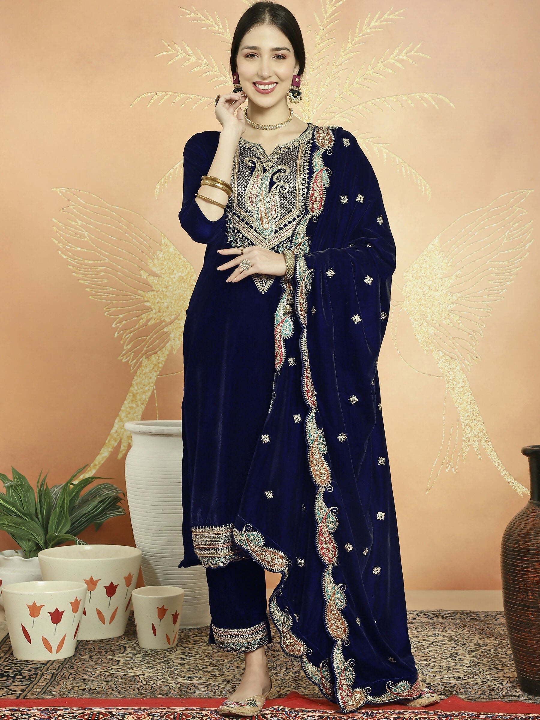 Jyoti Fashion Women's Navy Blue Velvet Cording with Resham Thread & Sequin Kurta with Trouser & Dupatta | Grocsy