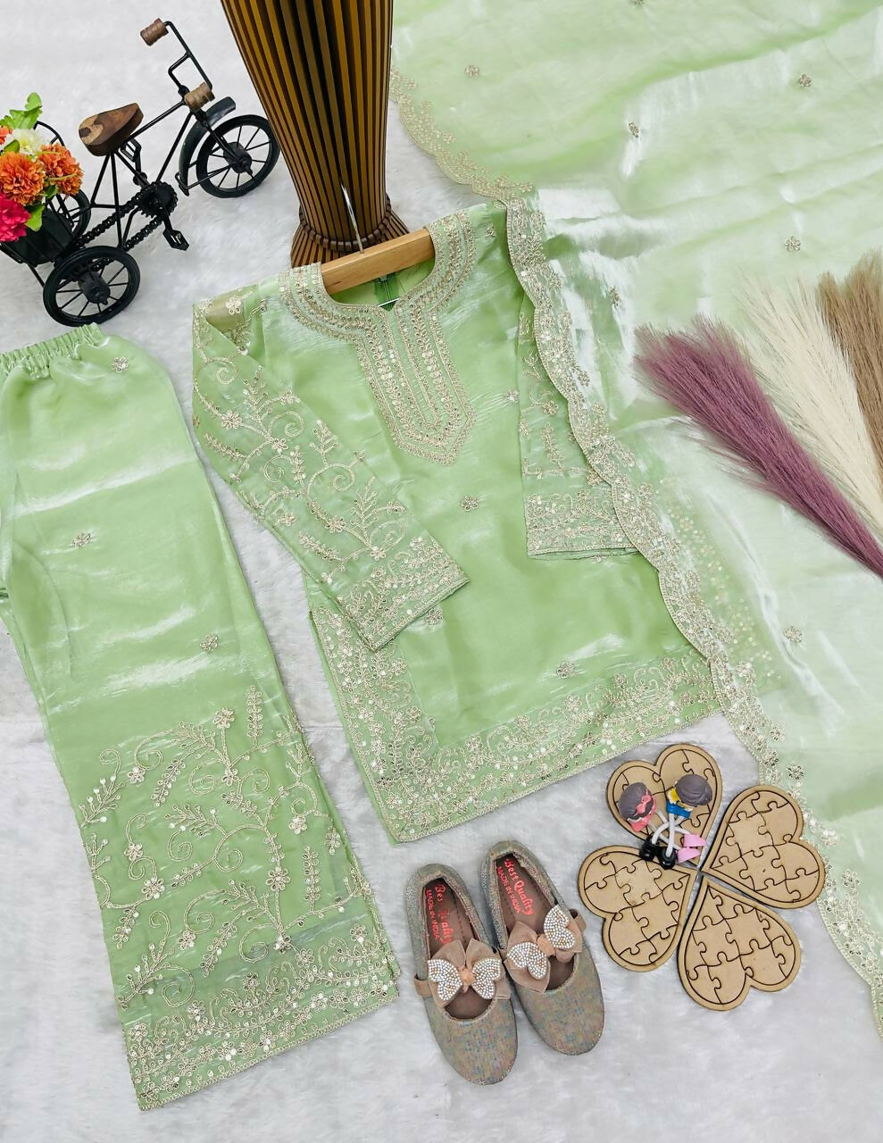 Teeya Creation New Kids Wedding Wear Heavy Embroidery Sequence Work Kurta Sharara Set-Green | Grocsy