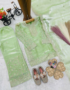 Teeya Creation New Kids Wedding Wear Heavy Embroidery Sequence Work Kurta Sharara Set-Green | Grocsy