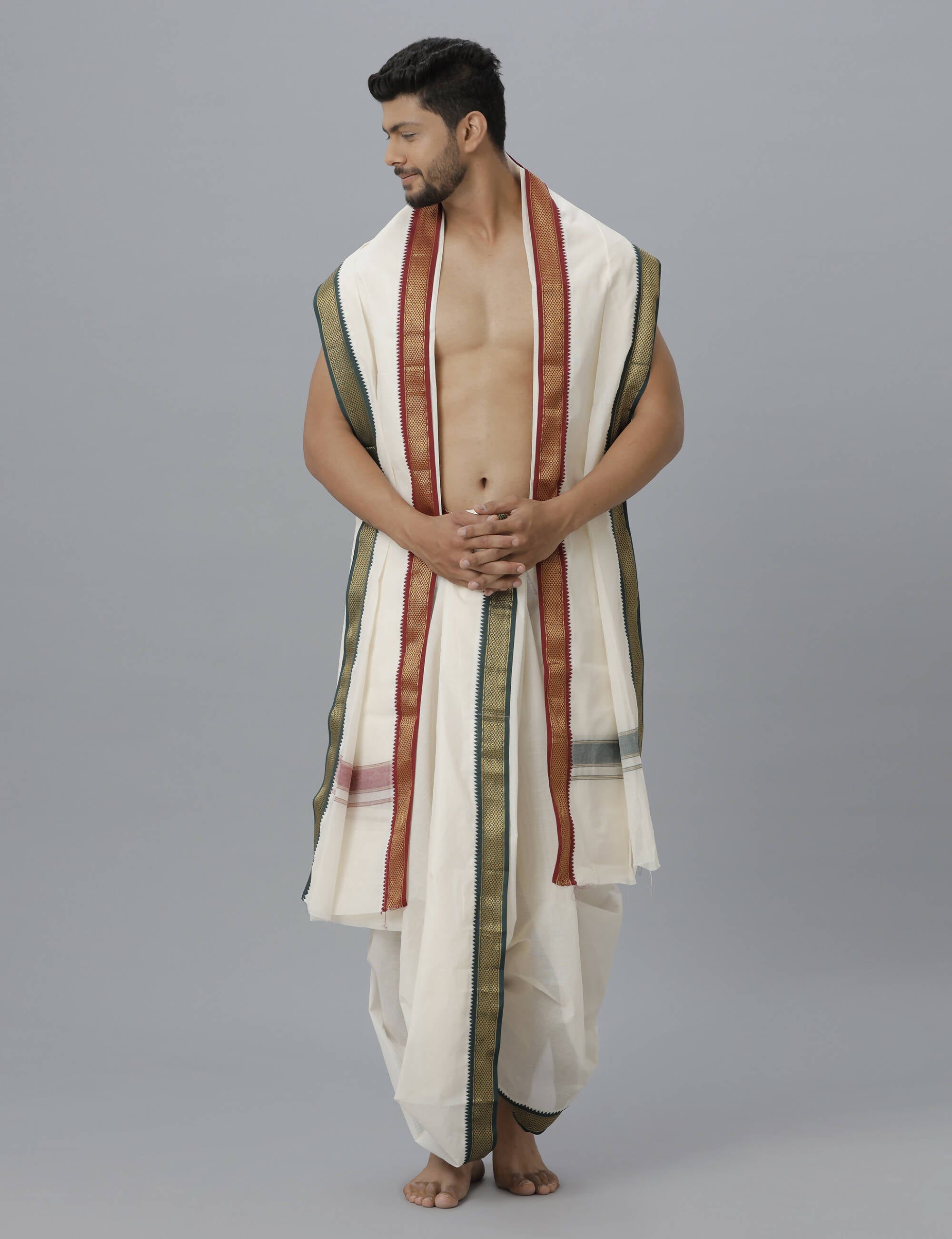 Indian Clothing Ramraj Cotton Mens Pure Cotton 5 Khan Jari 9 + 5 Kora Panchakacham Dhoti With Angavastram Set | Grocsy