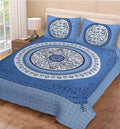 Vamika Printed Cotton Beautiful Blue & Multicolor Bedsheet With Pillow Covers (PM Circle Leaf Blue) | Grocsy