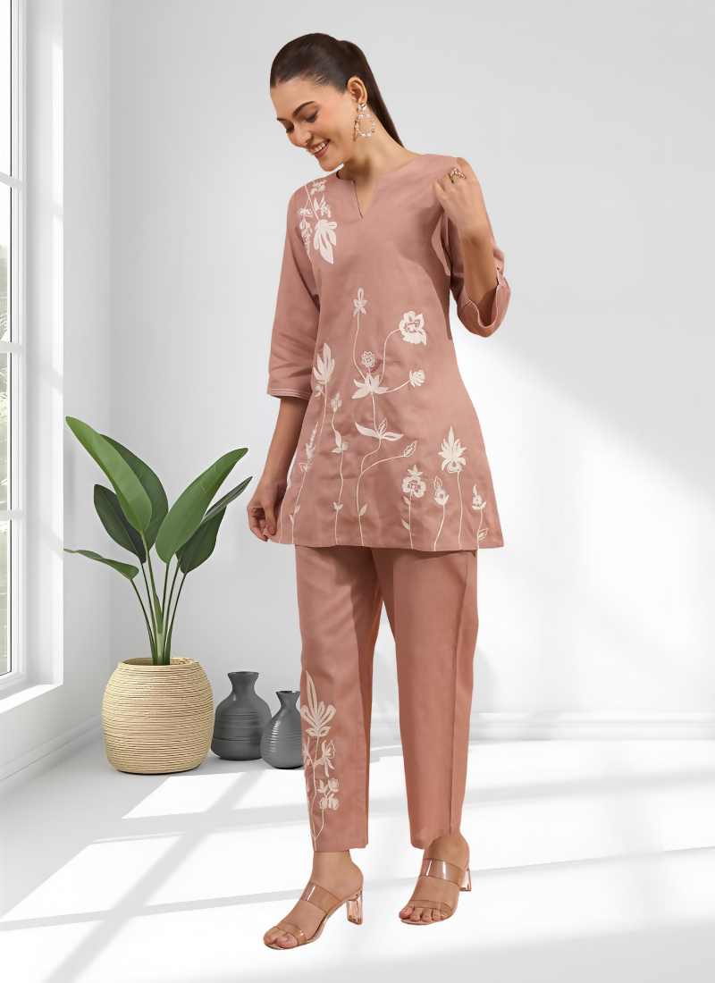 Joban Fashion Powder Pink Cotton, Linen Embroidered Readymade Cord Set | Grocsy