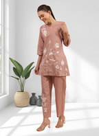 Joban Fashion Powder Pink Cotton, Linen Embroidered Readymade Cord Set | Grocsy