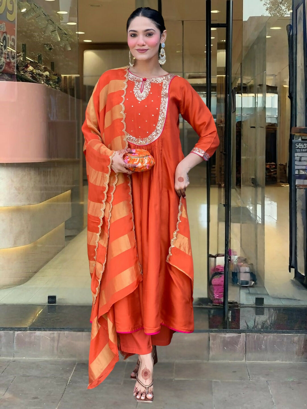 The52 Rust Women's Gorgeous Embroidered Work Chanderi Fabric Flared Kurta Pant and Dupatta Set | Grocsy
