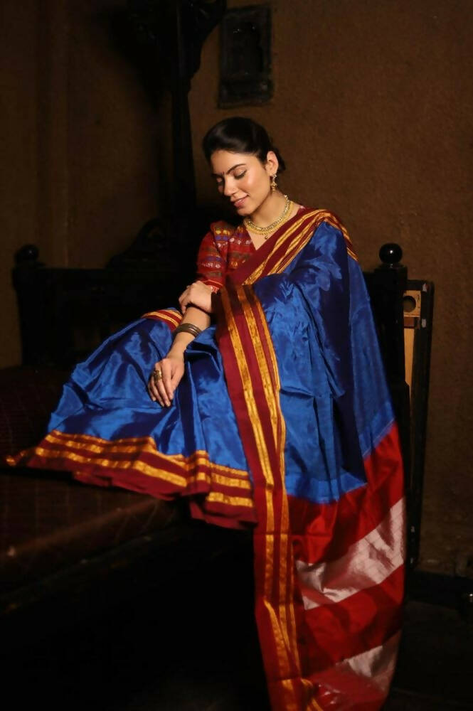 Very Much Indian Handloom Cotton Viscose Ilkal Saree - Royal Blue | Grocsy