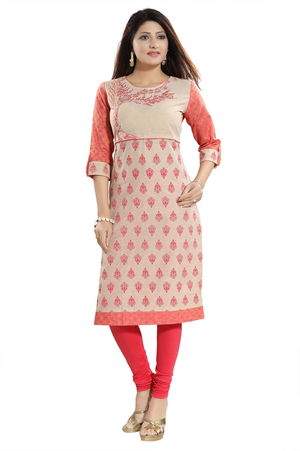 Snehal Creations Flamboyant Tomato And Beige Cotton Printed Tunic | Grocsy