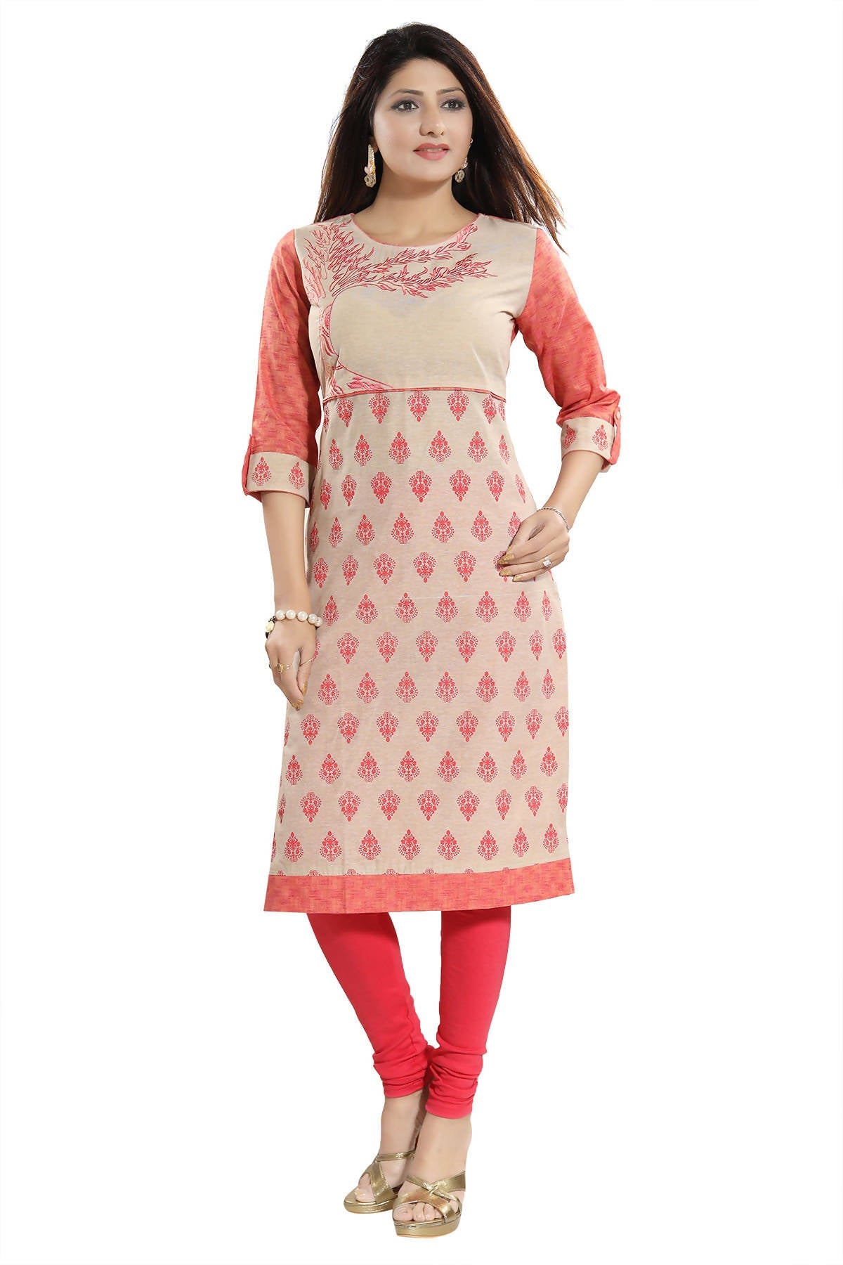 Snehal Creations Flamboyant Tomato And Beige Cotton Printed Tunic | Grocsy