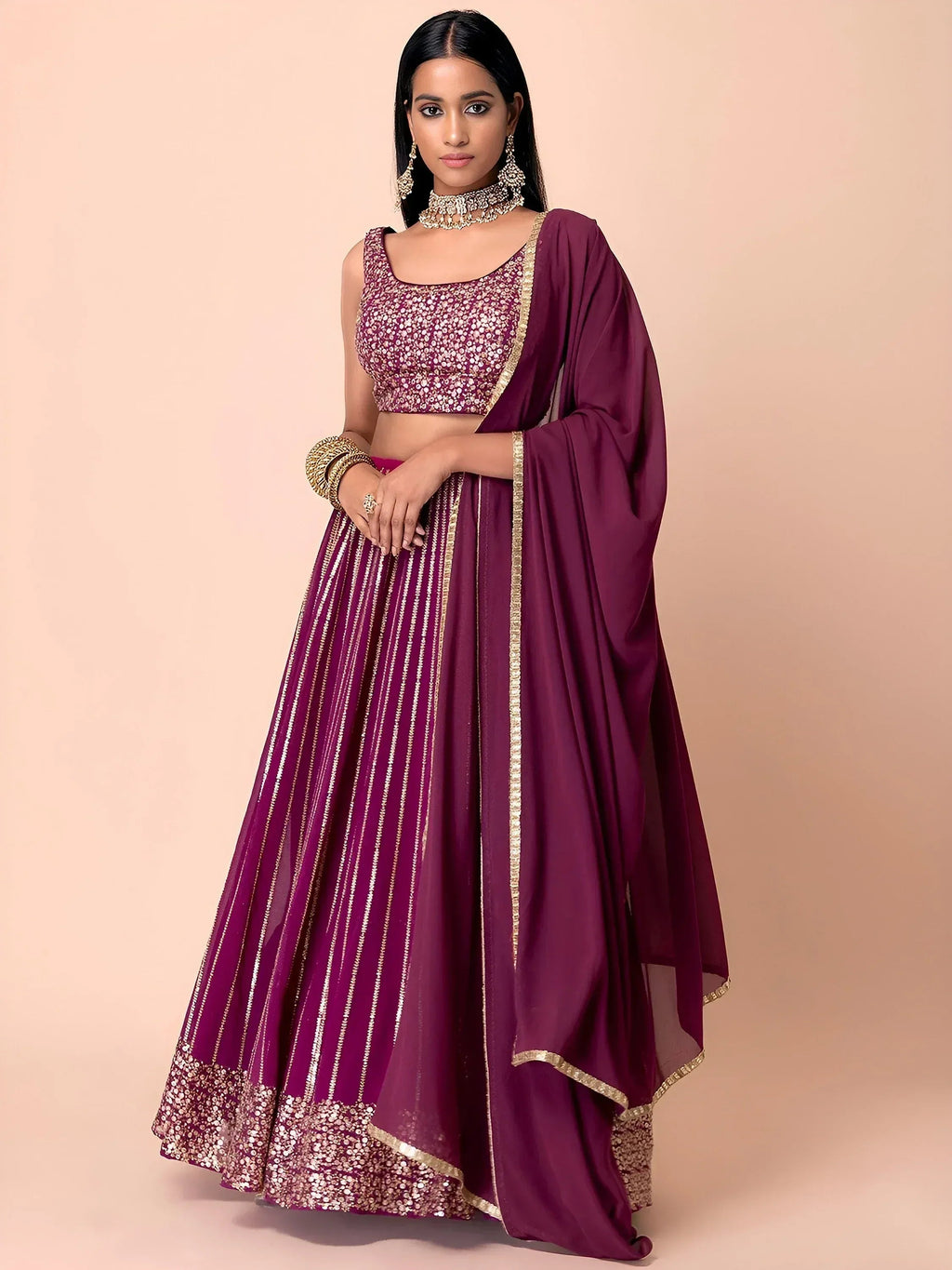 Tulsi Art Marvelous Wine Sequins Georgette Reception Wear Lehenga Choli | Grocsy