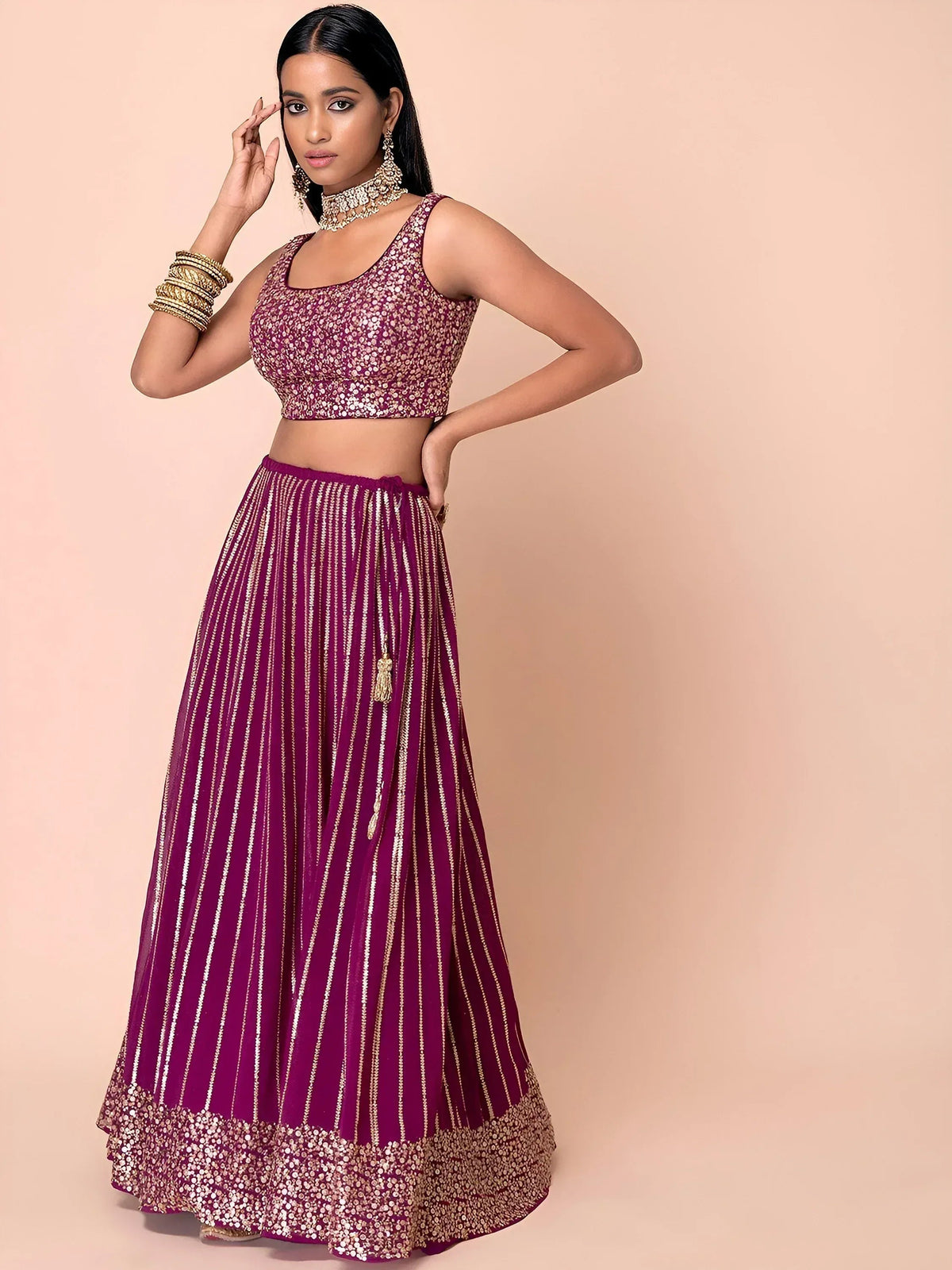 Tulsi Art Marvelous Wine Sequins Georgette Reception Wear Lehenga Choli | Grocsy