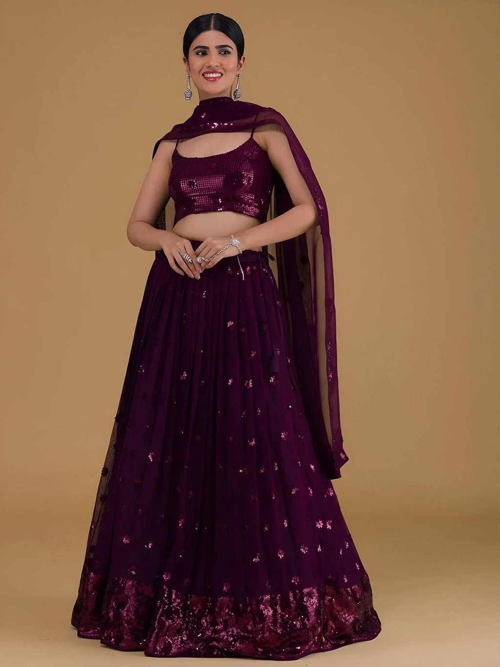Tulsi Art Awesome Purple Sequins Georgette Sangeet Wear Lehenga Choli | Grocsy