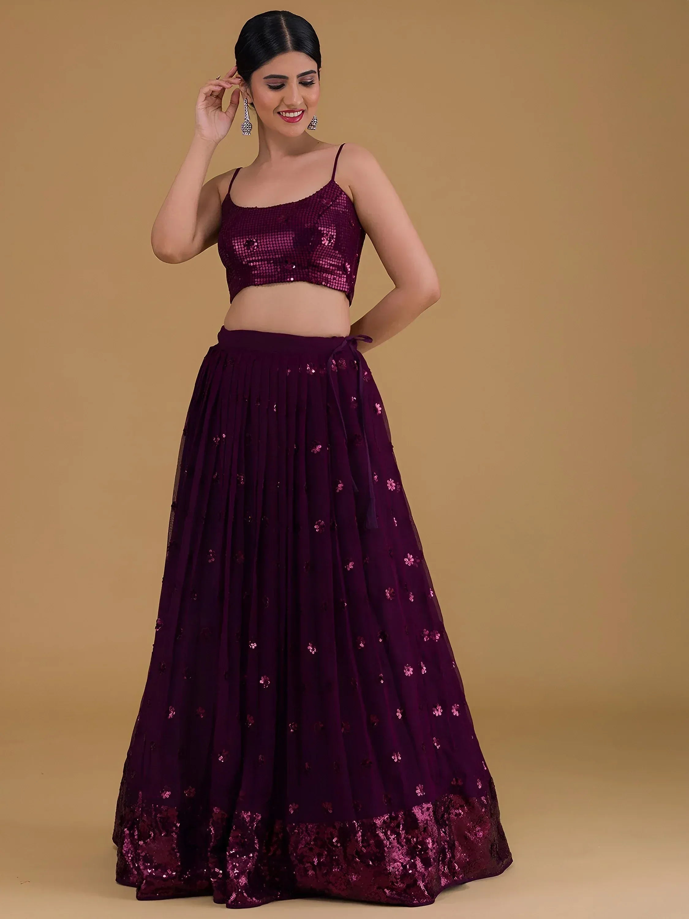 Tulsi Art Awesome Purple Sequins Georgette Sangeet Wear Lehenga Choli | Grocsy