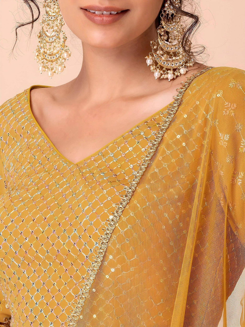 Tulsi Art Attractive Yellow Sequins Georgette Haldi Wear Lehenga Choli | Grocsy