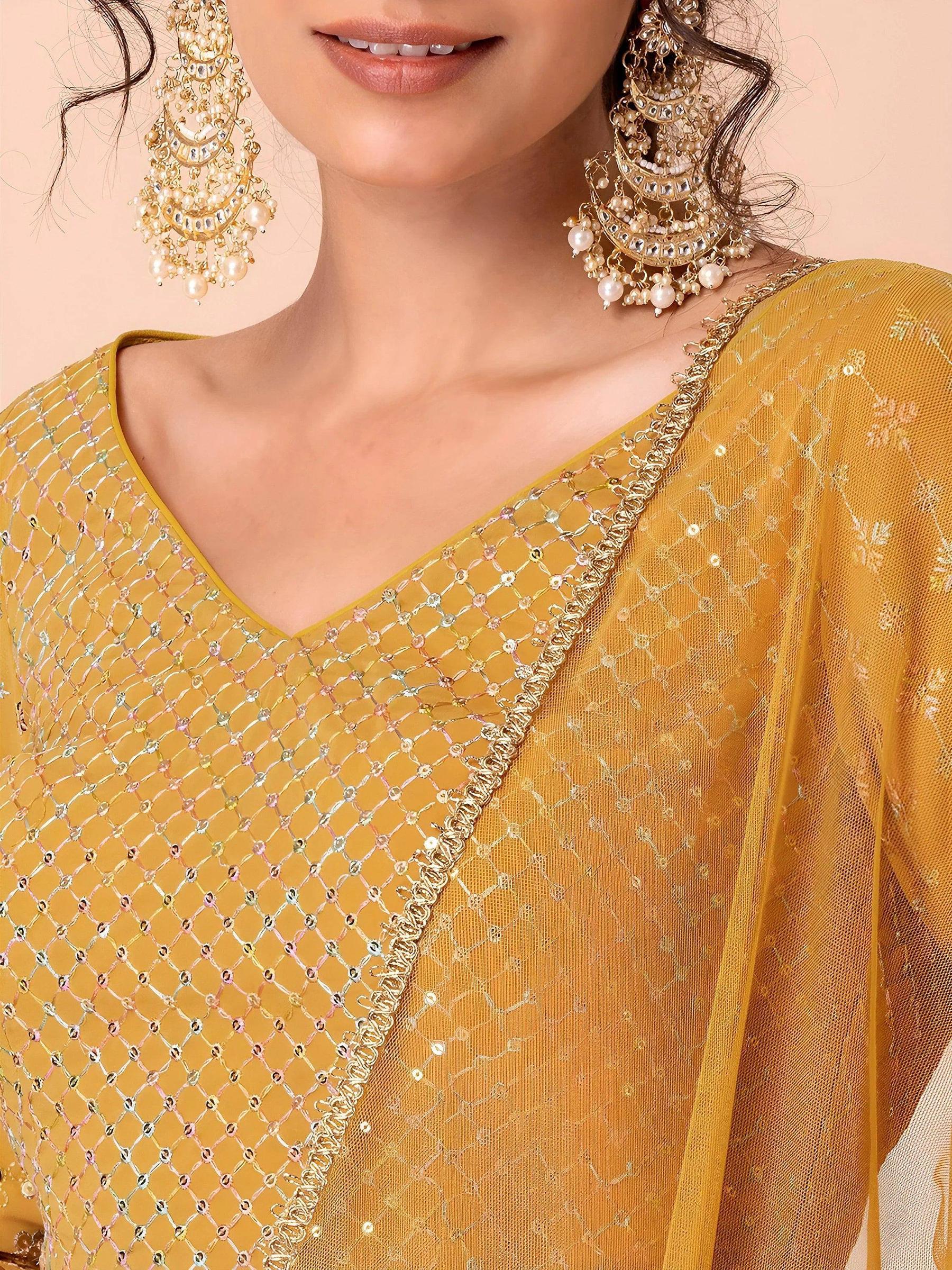 Tulsi Art Attractive Yellow Sequins Georgette Haldi Wear Lehenga Choli | Grocsy