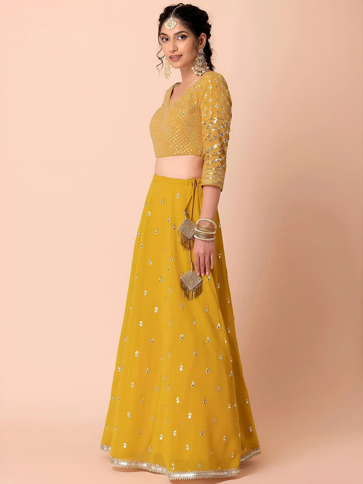 Tulsi Art Attractive Yellow Sequins Georgette Haldi Wear Lehenga Choli | Grocsy