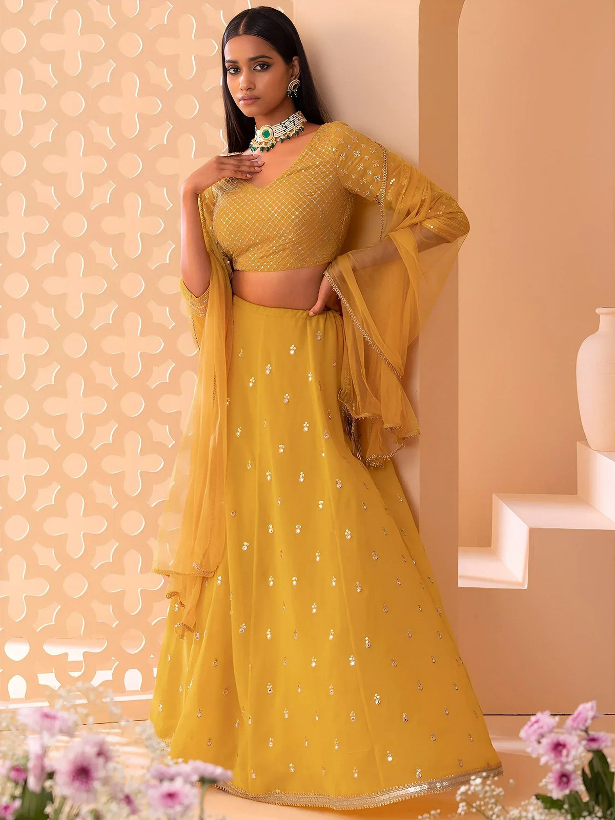 Tulsi Art Attractive Yellow Sequins Georgette Haldi Wear Lehenga Choli | Grocsy