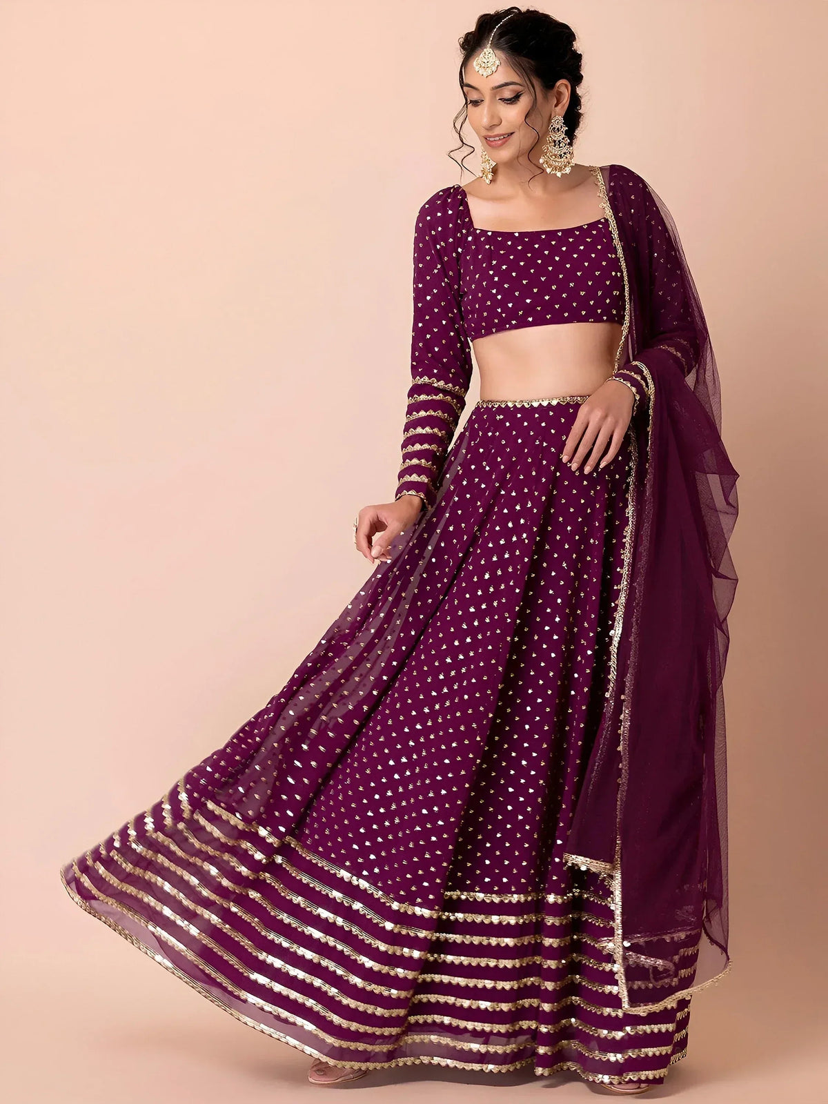 Tulsi Art Alluring Purple Sequins Georgette Bridesmaid Lehenga Choli With Dupatta | Grocsy
