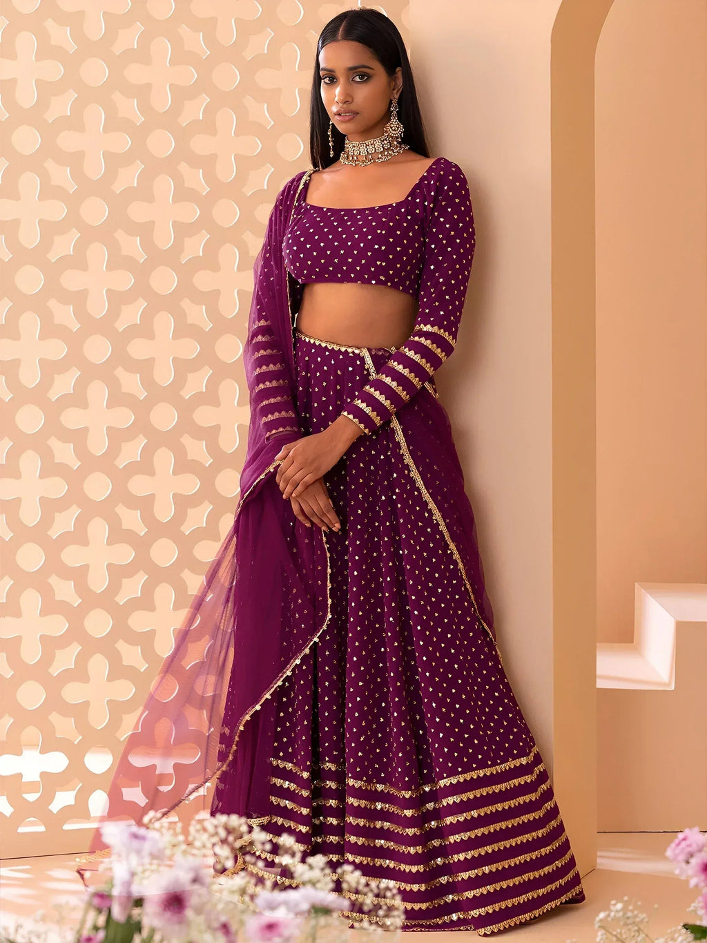 Tulsi Art Alluring Purple Sequins Georgette Bridesmaid Lehenga Choli With Dupatta | Grocsy