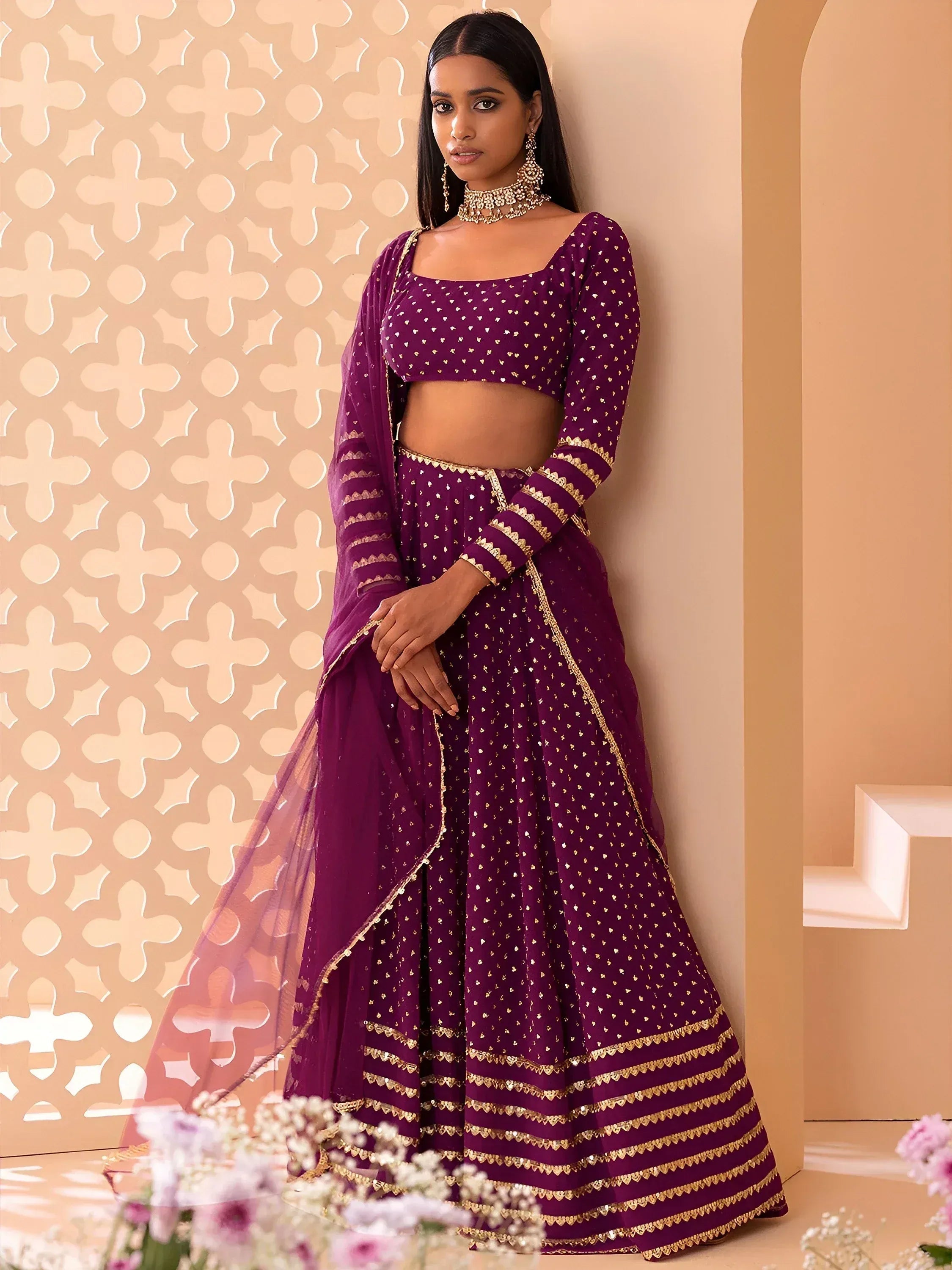 Tulsi Art Alluring Purple Sequins Georgette Bridesmaid Lehenga Choli With Dupatta | Grocsy