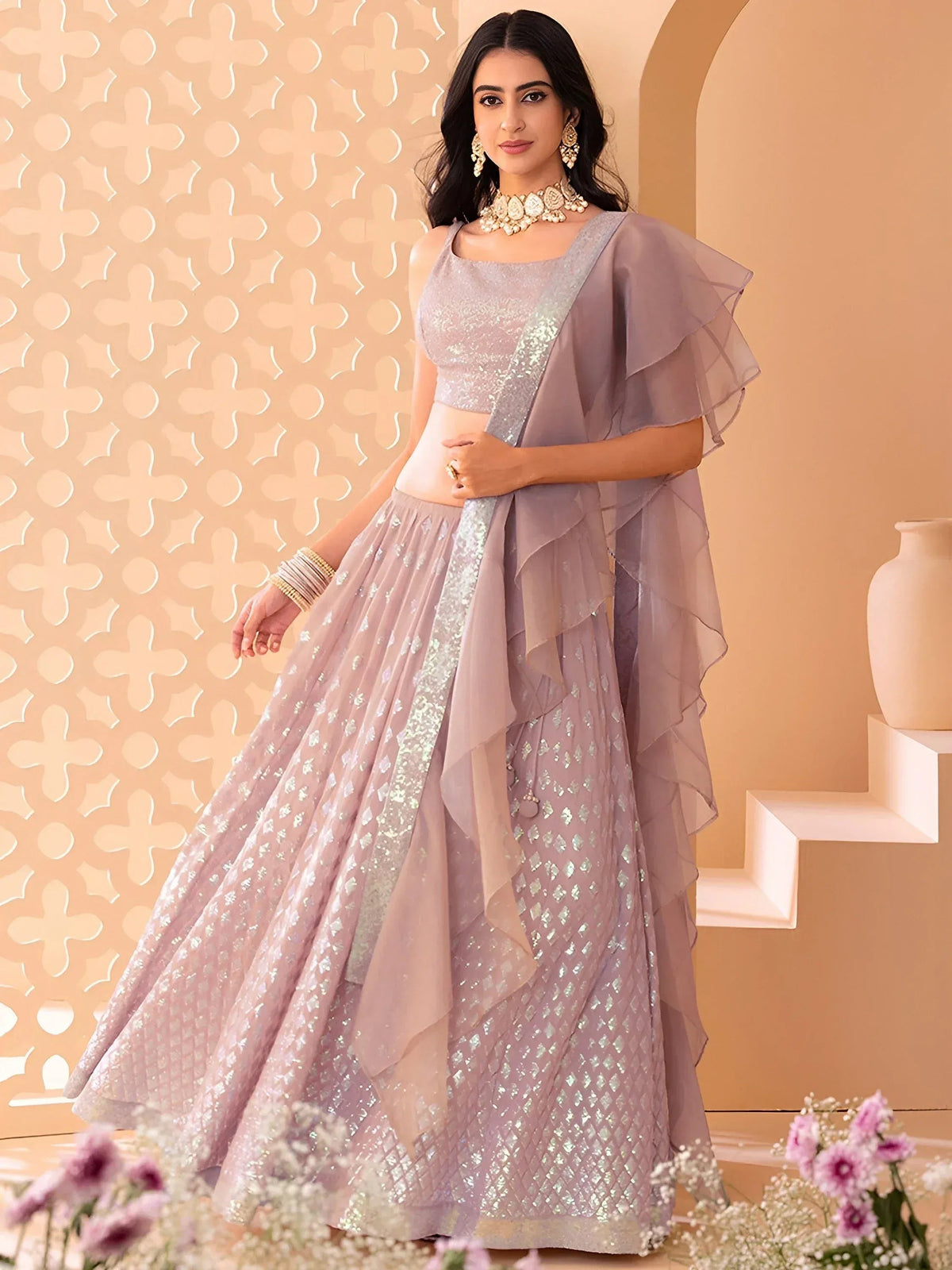 Tulsi Art Astonishing Pink Embroidered Georgette Party Wear Lehenga Choli | Grocsy
