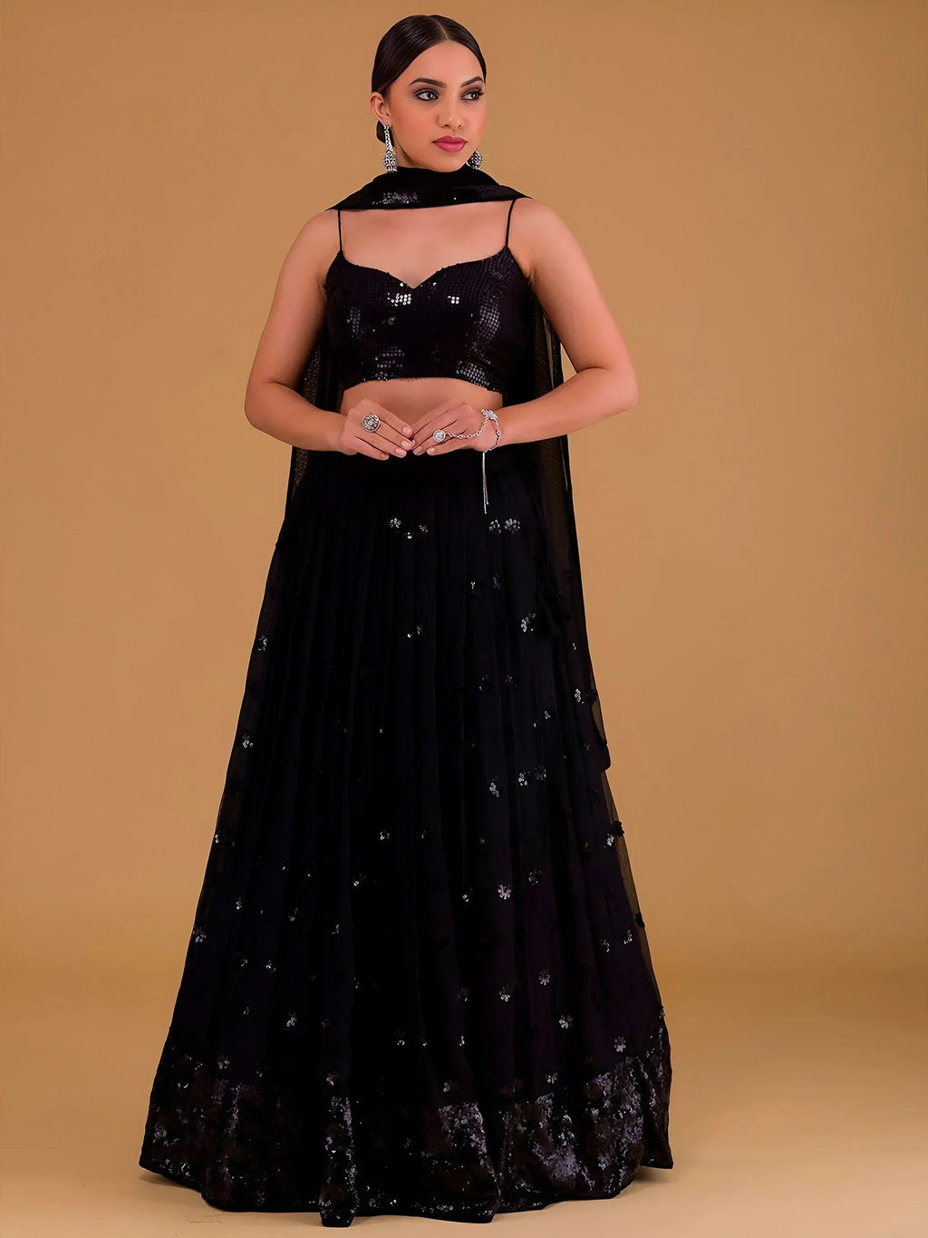 Tulsi Art Outstanding Black Sequins Georgette Party Wear Lehenga Choli | Grocsy