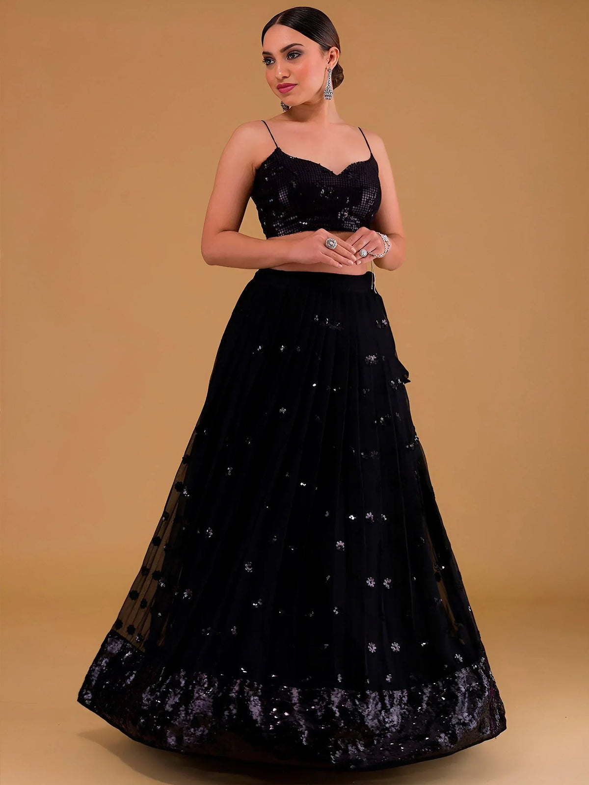 Tulsi Art Outstanding Black Sequins Georgette Party Wear Lehenga Choli | Grocsy