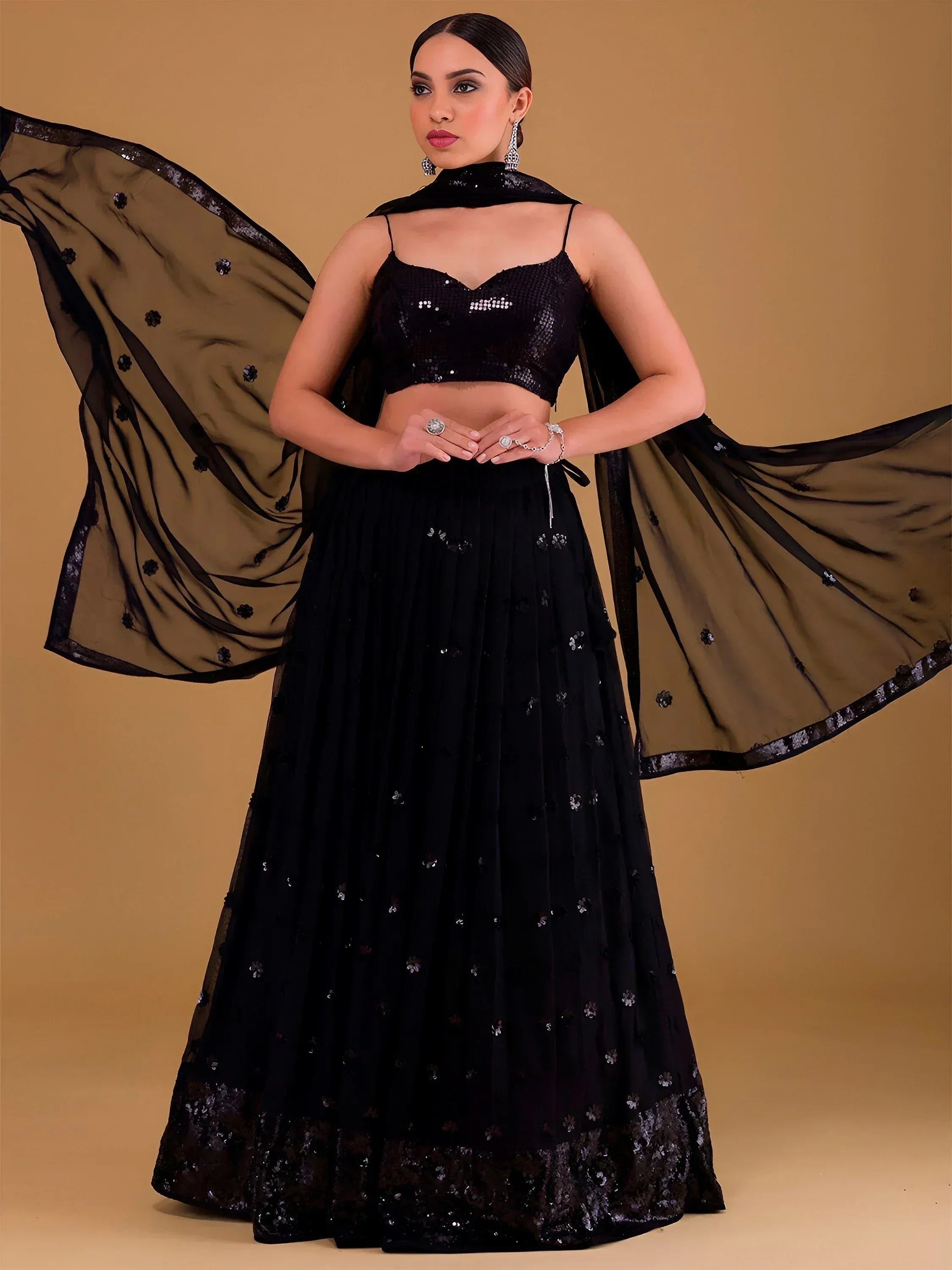 Tulsi Art Outstanding Black Sequins Georgette Party Wear Lehenga Choli | Grocsy