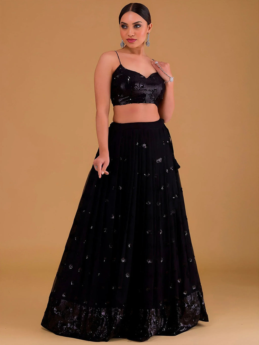 Tulsi Art Outstanding Black Sequins Georgette Party Wear Lehenga Choli | Grocsy